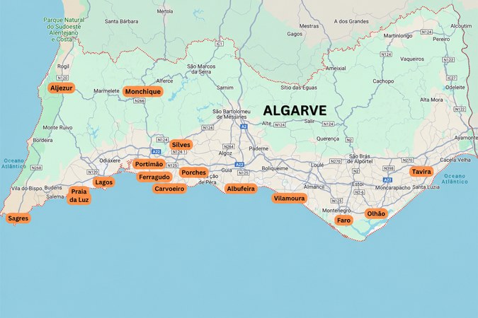 mapa do sul de portugal com todas as estradas do algarve, seja na costa mais a oeste, como é o caso de Aljezur e Sagres, como todas as estradas pela costa sul, desde Sagres até Tavira.