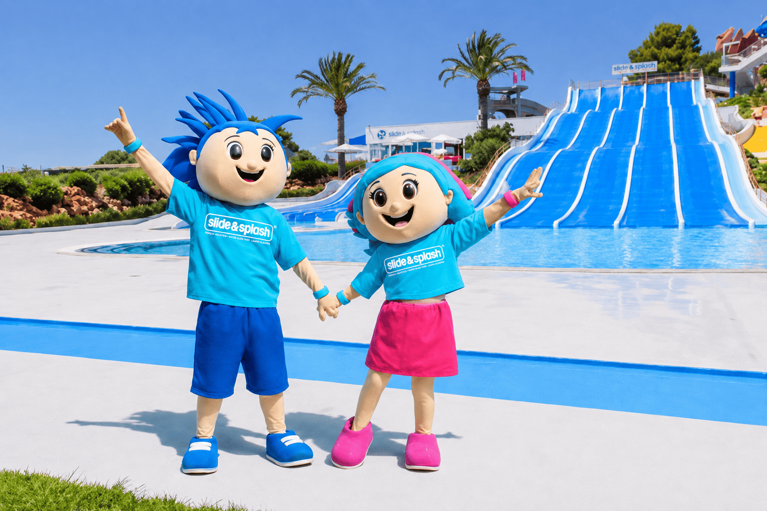 as duas mascotes do slide&splash a junto à piscina com os escorregas "pistas brandas" atrás.